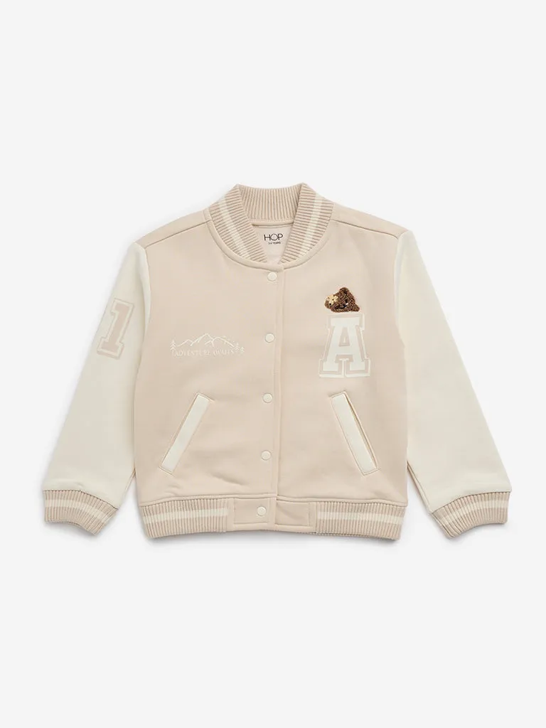 HOP Kids Beige Cotton-Blend Varsity Jacket