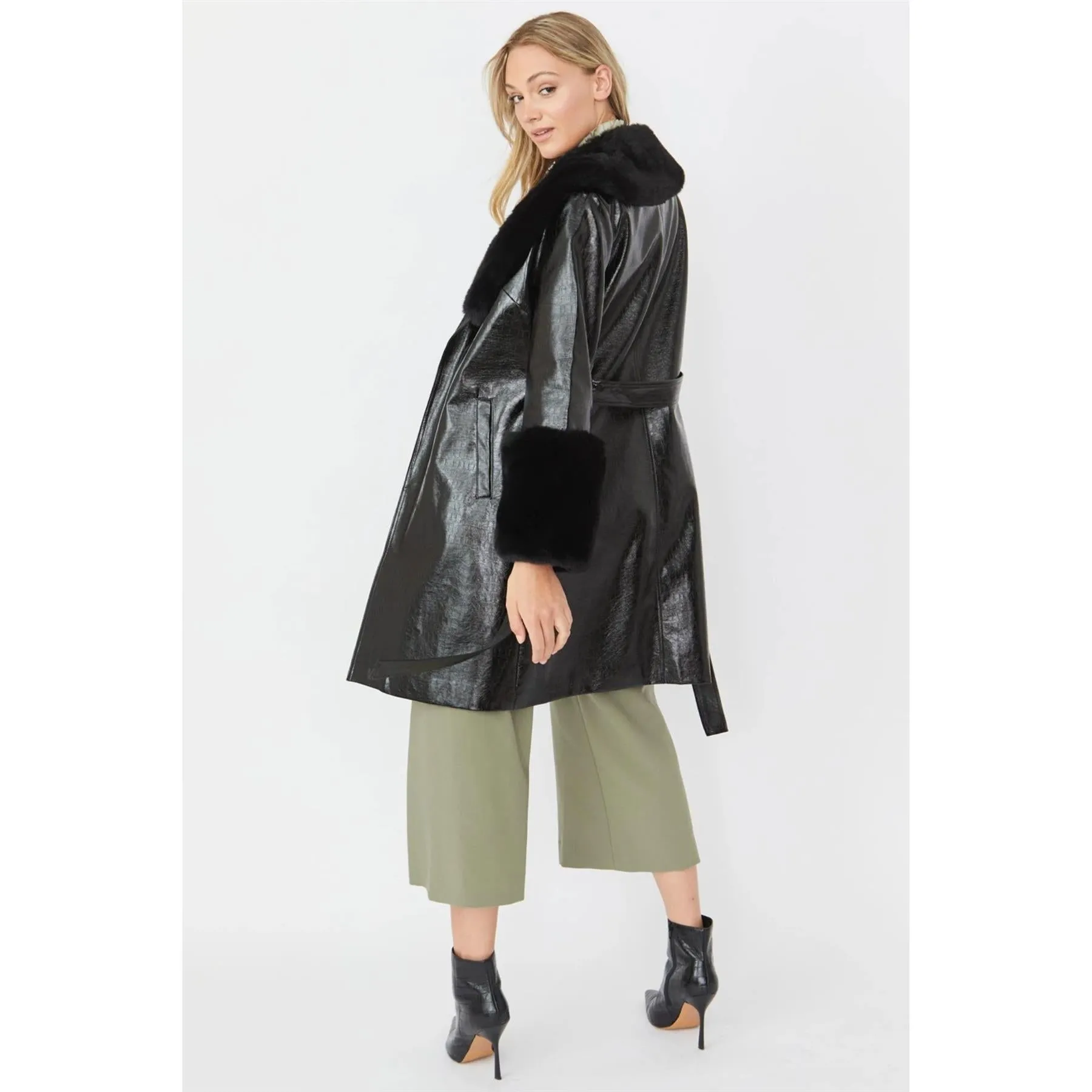 Jayley Faux Leather Detachable Faux Fur Coat | Black