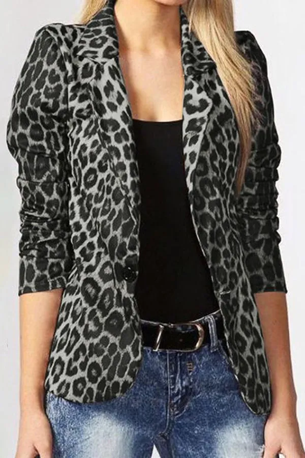 Leopard Print Lapel Long Sleeve Casual Blazer