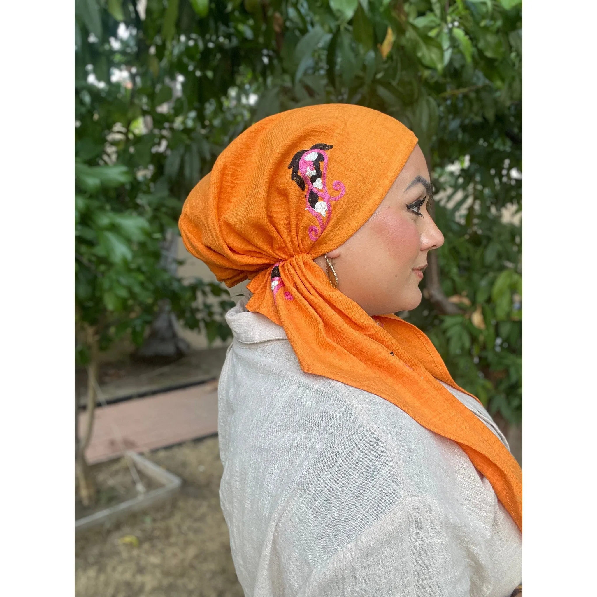 Linen Embroidered Pretied w/ VELVET HEADBAND & Adjustable Circumference - Orange