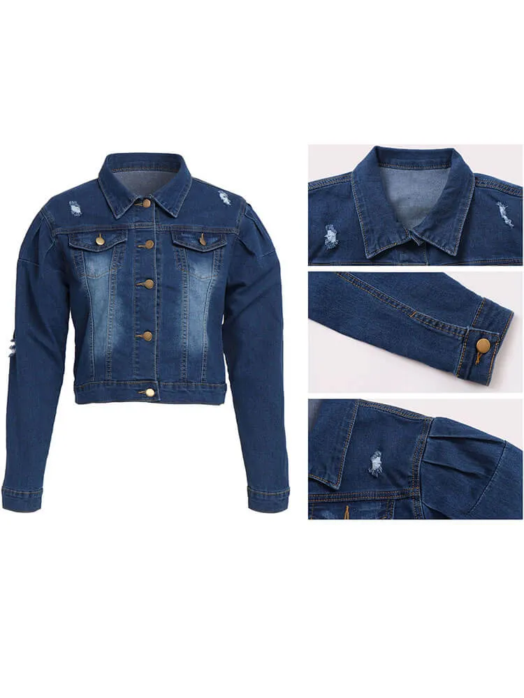 Long Sleeve Lapel Collar Button Down Denim Jacket