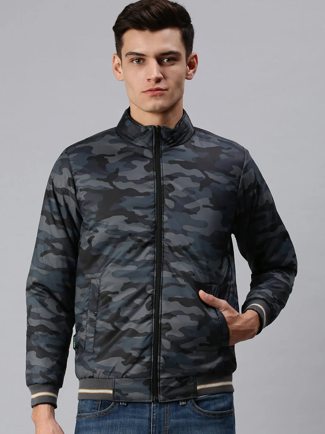 Men Printed Black Open Front Jacket