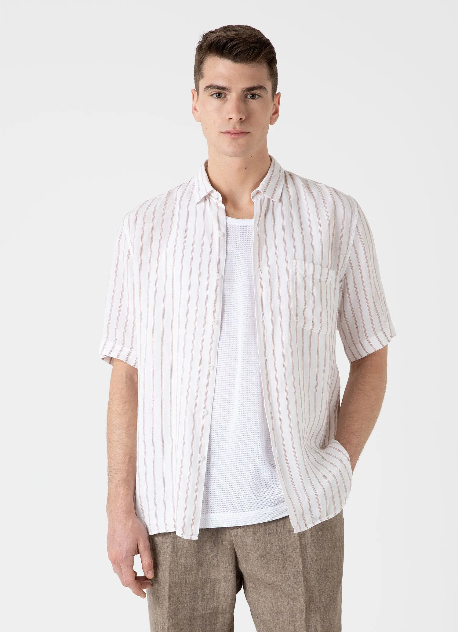 Men's Short Sleeve Linen Shirt in Brown/Ecru