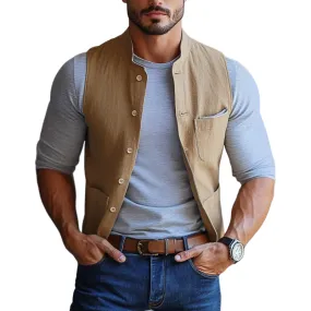 Men's Vintage Linen Stand Collar Single Breasted Multi-Pocket Slim Fit Vest 56180882Y