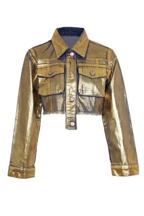 Metallic Gold Washed Cropped Denim Jacket