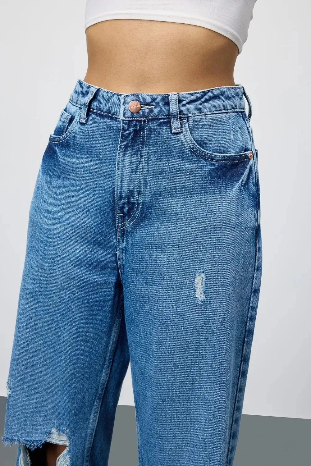 Mid Blue Grunge Style Ripped Jeans