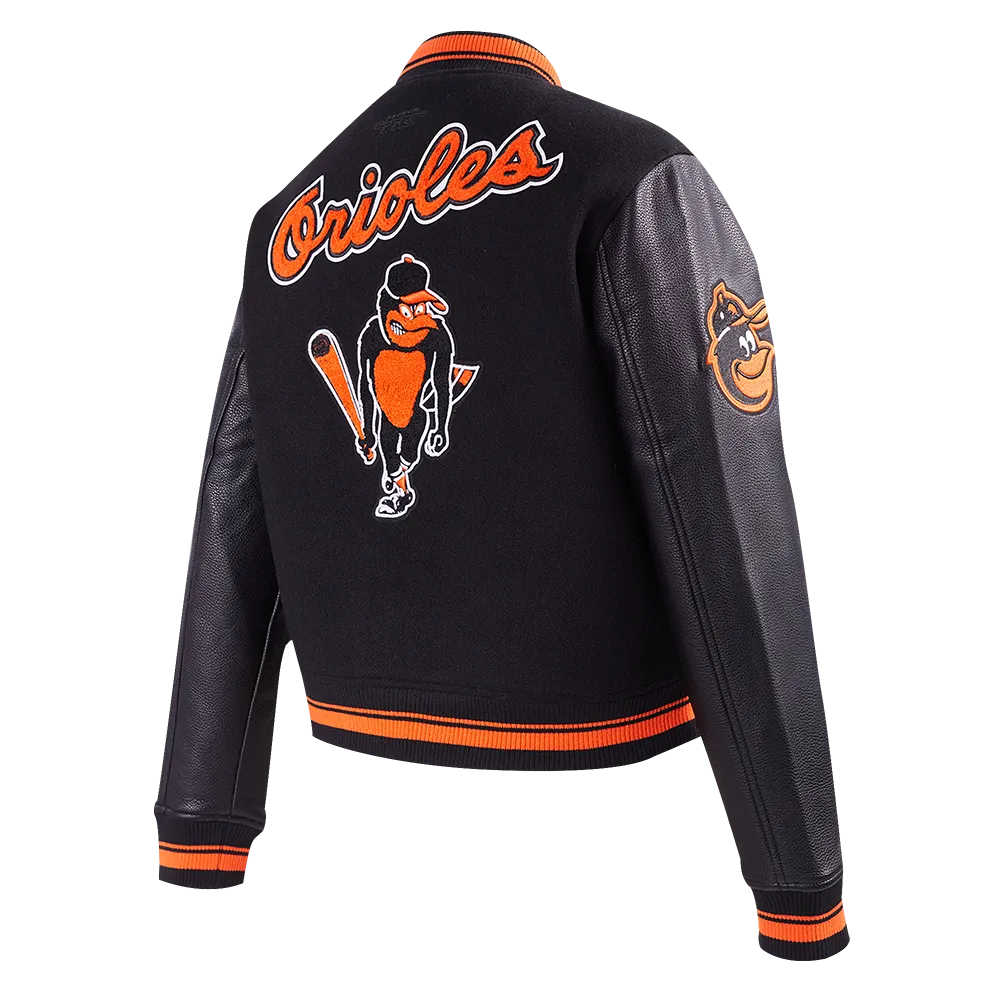 MLB BALTIMORE ORIOLES RETRO CLASSIC WOMEN'S RIB WOOL VARSITY JACKET (BLACK/ORANGE)