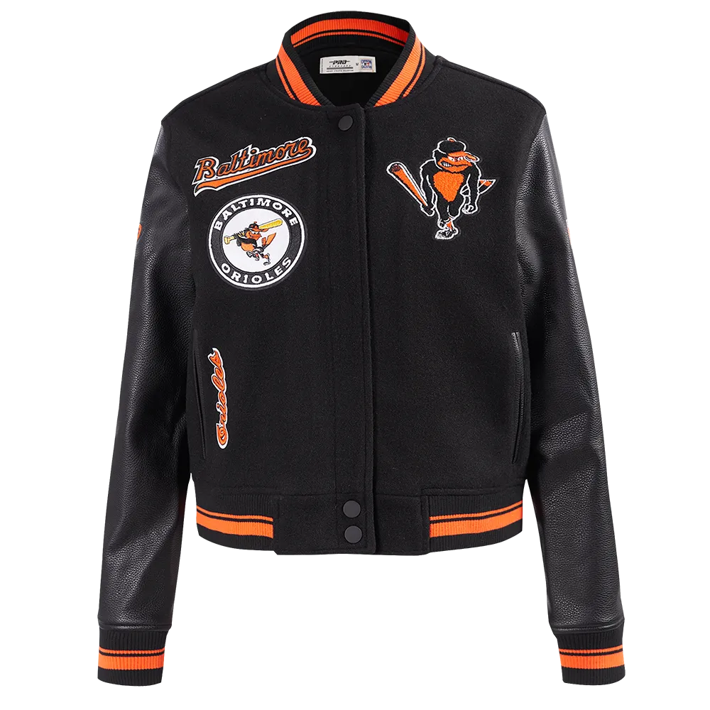 MLB BALTIMORE ORIOLES RETRO CLASSIC WOMEN'S RIB WOOL VARSITY JACKET (BLACK/ORANGE)