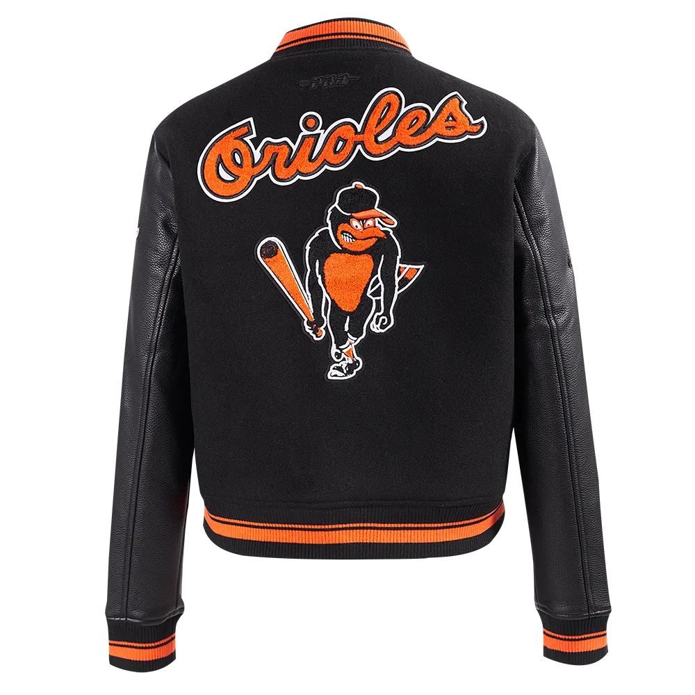 MLB BALTIMORE ORIOLES RETRO CLASSIC WOMEN'S RIB WOOL VARSITY JACKET (BLACK/ORANGE)