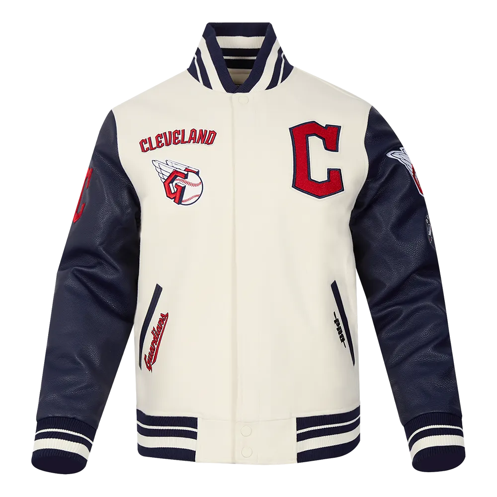 MLB CLEVELAND GUARDIANS RETRO CLASSIC MEN'S RIB WOOL VARSITY JACKET (EGGSHELL/ MIDNIGHT NAVY)