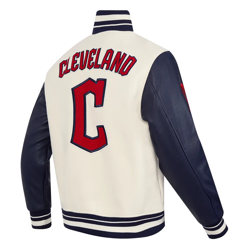 MLB CLEVELAND GUARDIANS RETRO CLASSIC MEN'S RIB WOOL VARSITY JACKET (EGGSHELL/ MIDNIGHT NAVY)