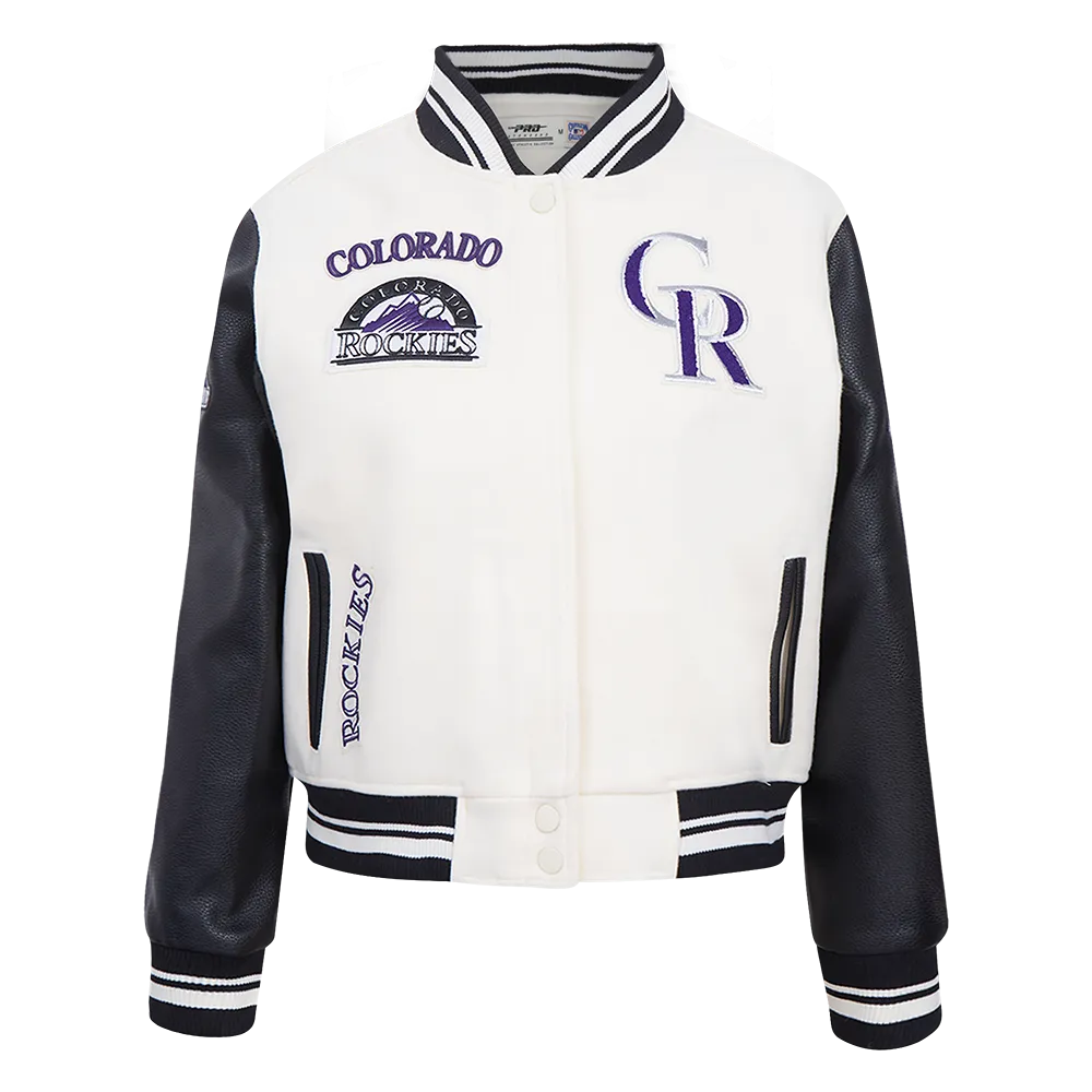 MLB COLORADO ROCKIES RETRO CLASSIC WOMEN'S RIB WOOL VARSITY JACKET (EGGSHELL/ BLACK)