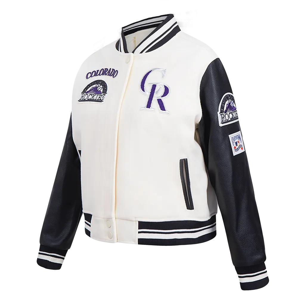 MLB COLORADO ROCKIES RETRO CLASSIC WOMEN'S RIB WOOL VARSITY JACKET (EGGSHELL/ BLACK)