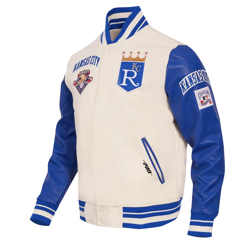 MLB KANSAS CITY ROYALS RETRO CLASSIC MEN'S RIB WOOL VARSITY JACKET (EGGSHELL/ UNIVERSITY BLUE)