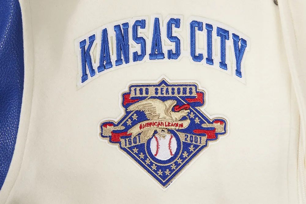 MLB KANSAS CITY ROYALS RETRO CLASSIC MEN'S RIB WOOL VARSITY JACKET (EGGSHELL/ UNIVERSITY BLUE)