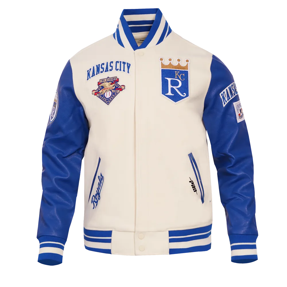 MLB KANSAS CITY ROYALS RETRO CLASSIC MEN'S RIB WOOL VARSITY JACKET (EGGSHELL/ UNIVERSITY BLUE)