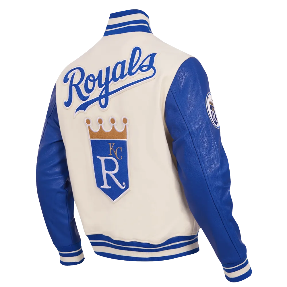 MLB KANSAS CITY ROYALS RETRO CLASSIC MEN'S RIB WOOL VARSITY JACKET (EGGSHELL/ UNIVERSITY BLUE)