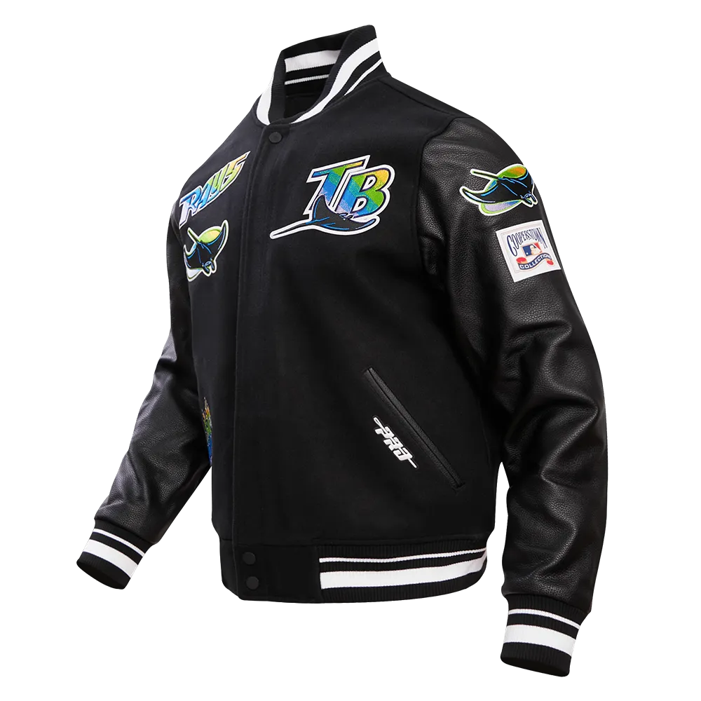 MLB TAMPA DEVIL RAYS RETRO CLASSIC MEN'S RIB WOOL VARSITY JACKET (BLACK/WHITE)