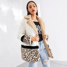 Multicolor Highstreet Cut and Sew Leopard Panel Faux Fur Teddy Coat Weekend Casual Elegant Women Coats Outerwear