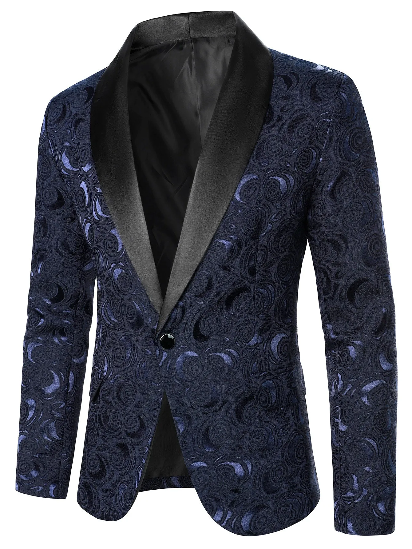 Navy Blue Floral Jacquard Shawl Neck Blazer