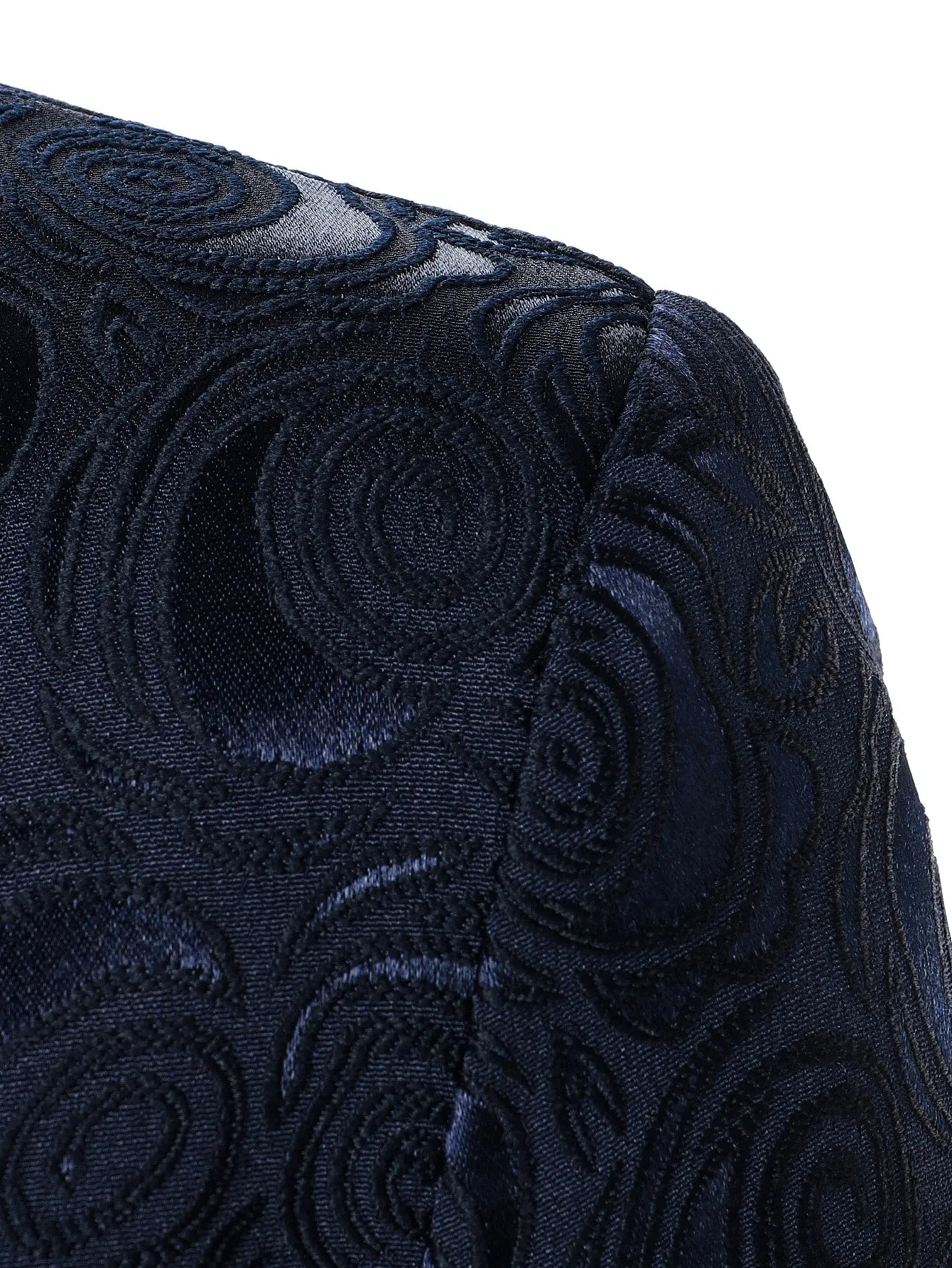 Navy Blue Floral Jacquard Shawl Neck Blazer