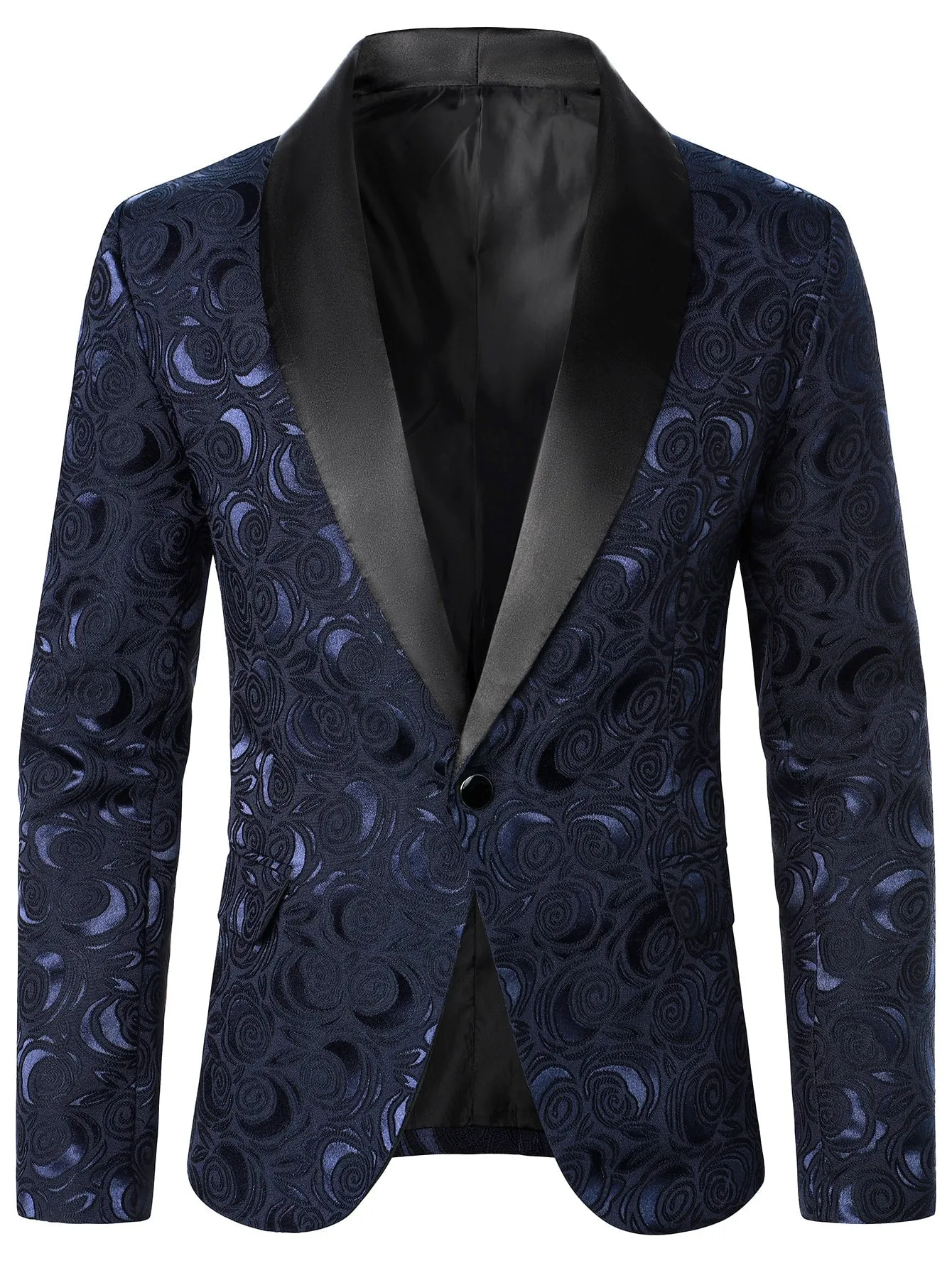 Navy Blue Floral Jacquard Shawl Neck Blazer