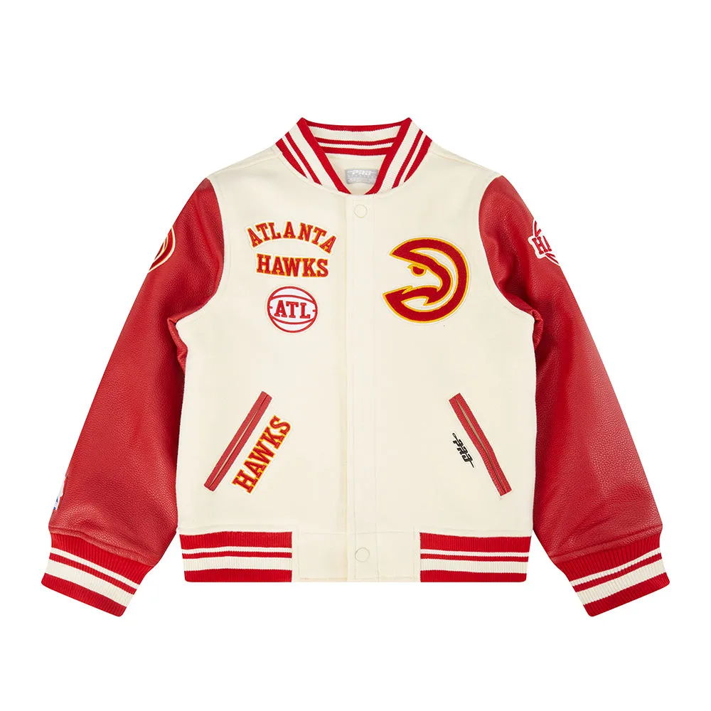 NBA ATLANTA HAWKS RETRO CLASSIC BIG BOYS RIB WOOL VARSITY JACKET (EGGSHELL/ RED)