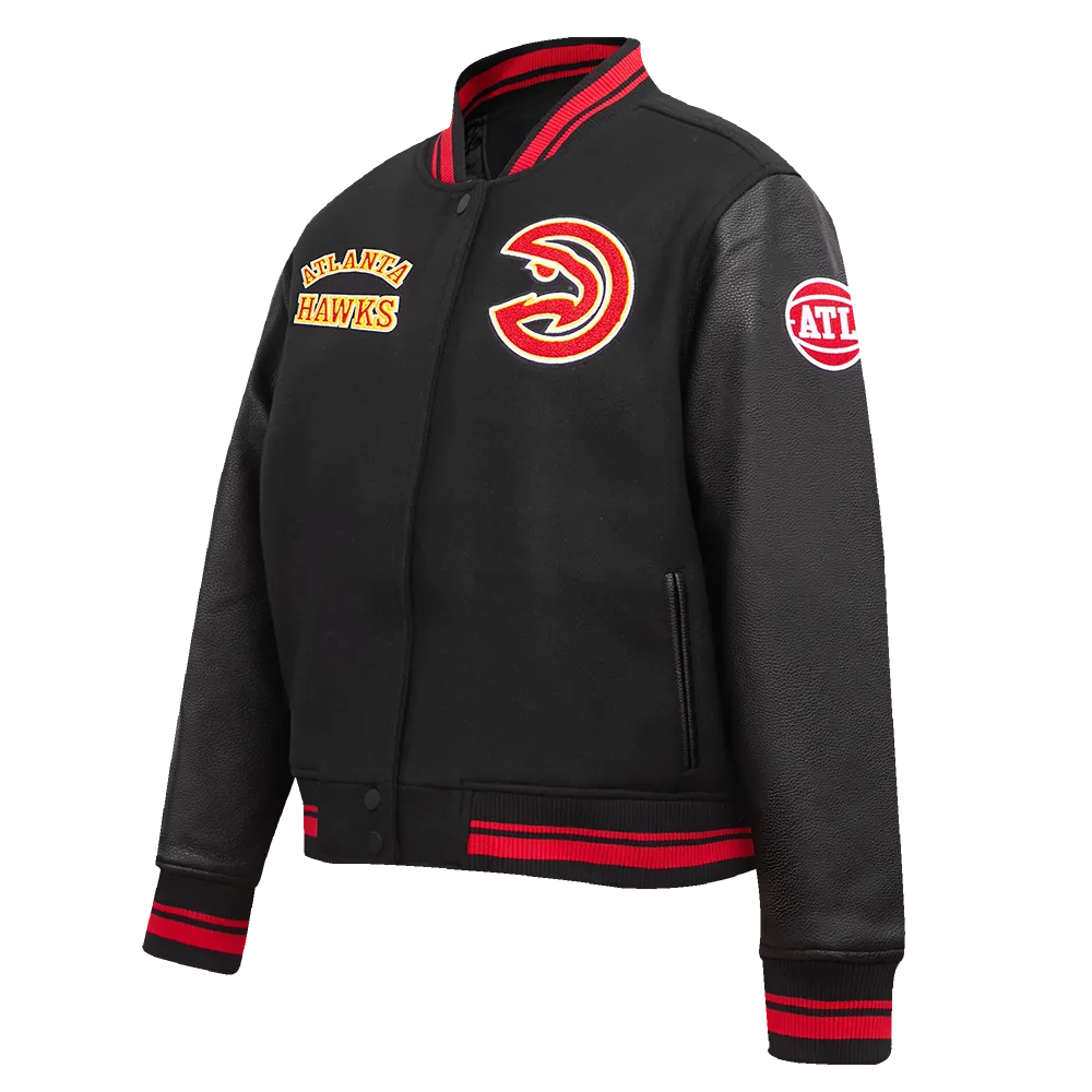 NBA ATLANTA HAWKS RETRO CLASSIC WOMEN'S RIB WOOL VARSITY JACKET (BLACK/RED/BLACK)