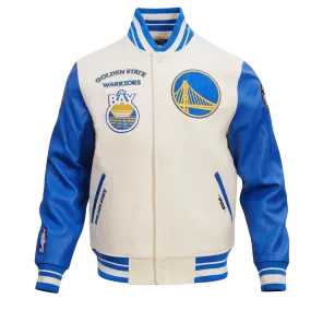 NBA GOLDEN STATE WARRIORS RETRO CLASSIC MEN'S RIB WOOL VARSITY JACKET (EGGSHELL/ROYAL BLUE)