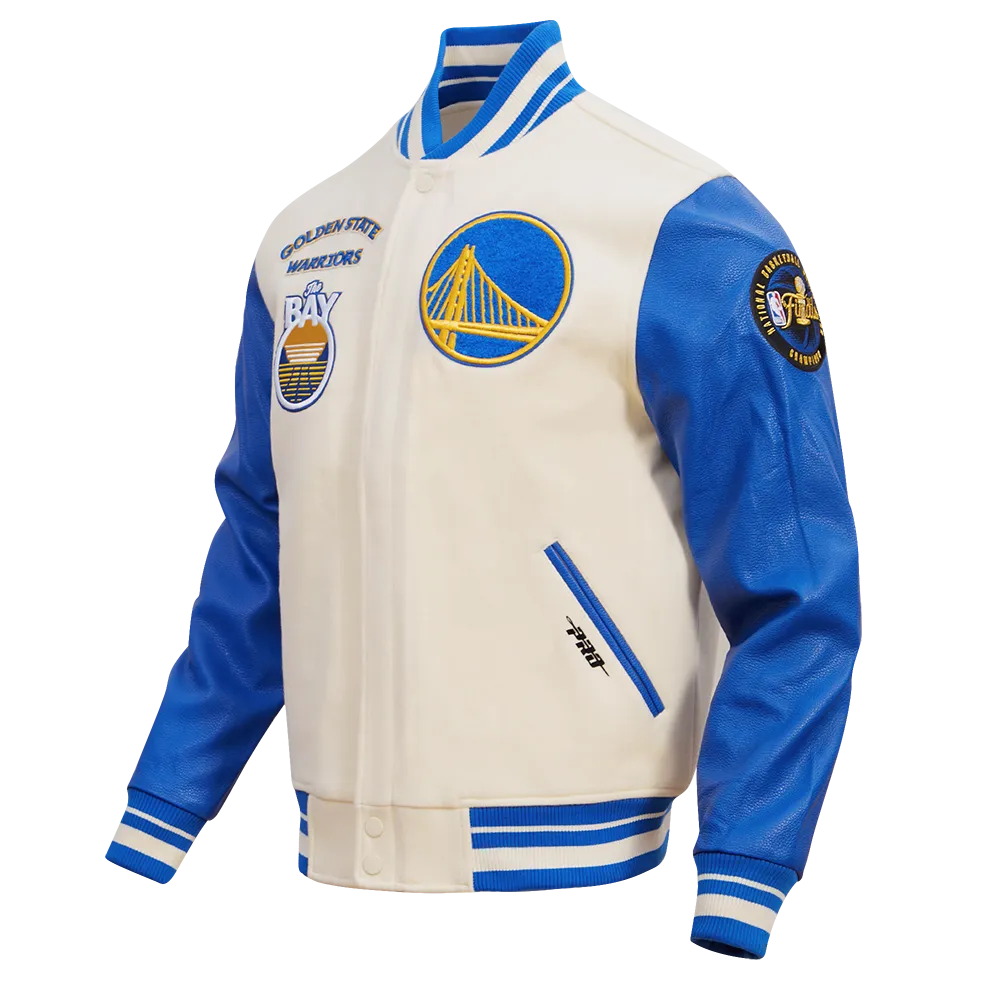 NBA GOLDEN STATE WARRIORS RETRO CLASSIC MEN'S RIB WOOL VARSITY JACKET (EGGSHELL/ROYAL BLUE)