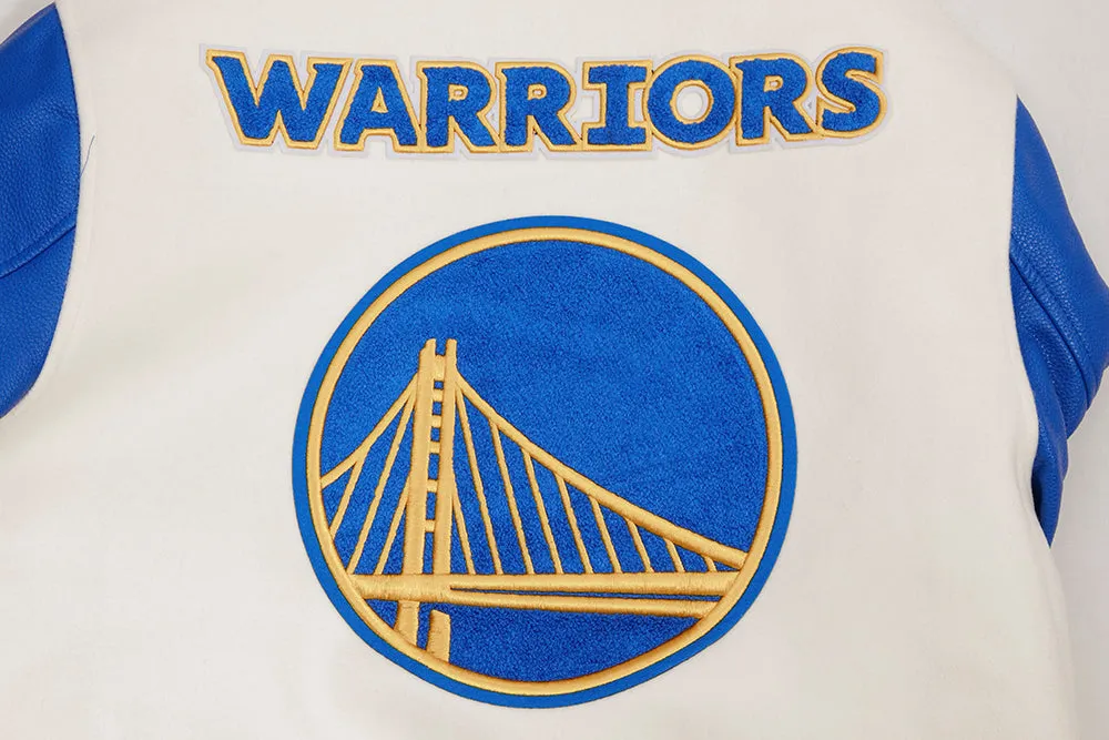 NBA GOLDEN STATE WARRIORS RETRO CLASSIC MEN'S RIB WOOL VARSITY JACKET (EGGSHELL/ROYAL BLUE)