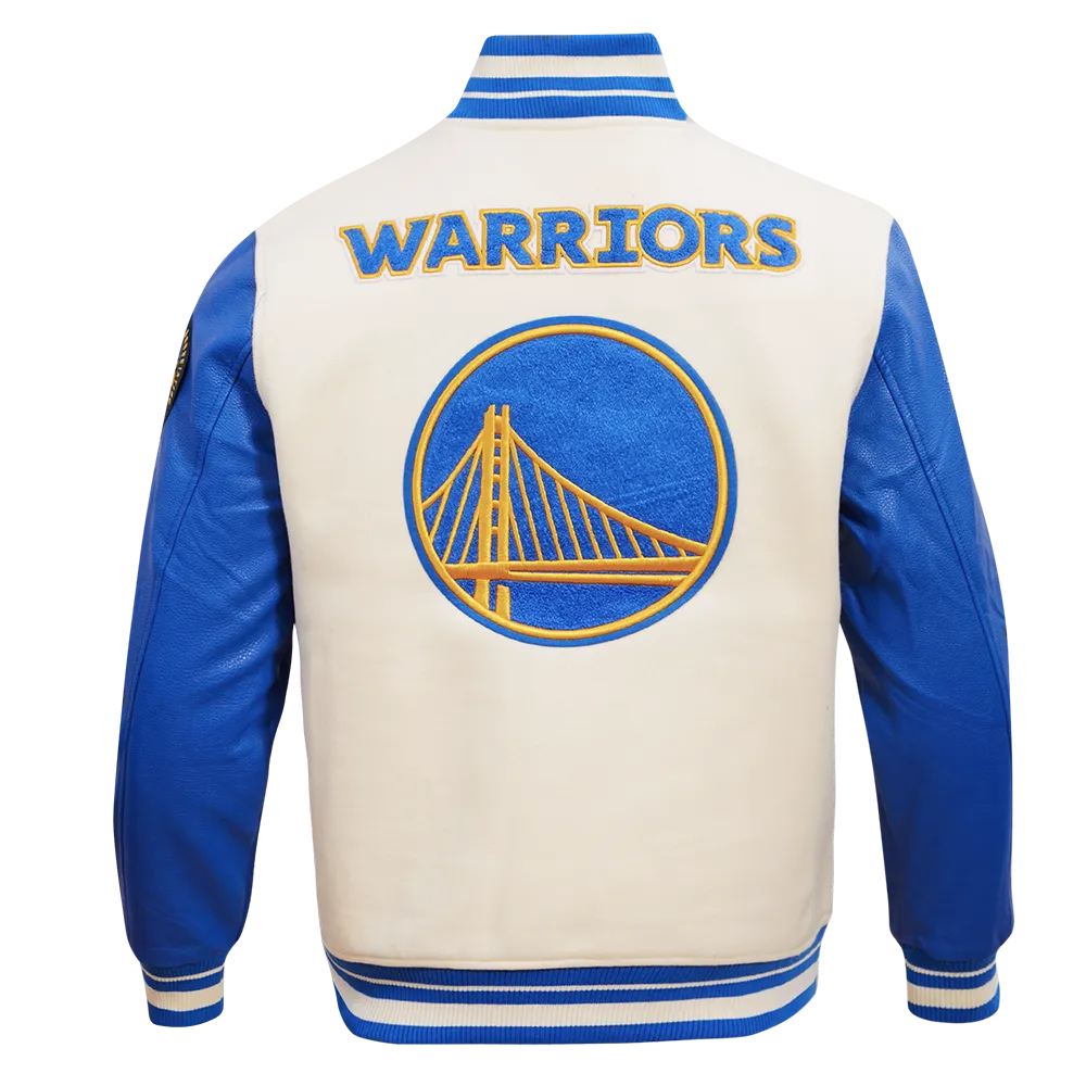 NBA GOLDEN STATE WARRIORS RETRO CLASSIC MEN'S RIB WOOL VARSITY JACKET (EGGSHELL/ROYAL BLUE)