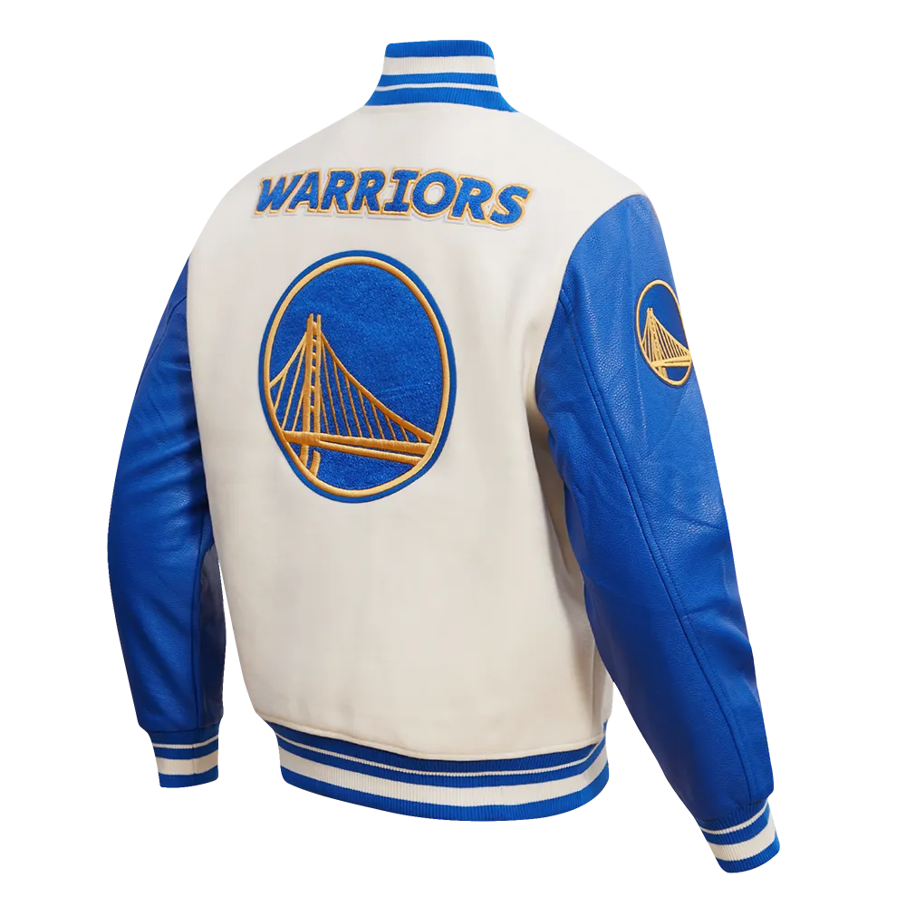 NBA GOLDEN STATE WARRIORS RETRO CLASSIC MEN'S RIB WOOL VARSITY JACKET (EGGSHELL/ROYAL BLUE)