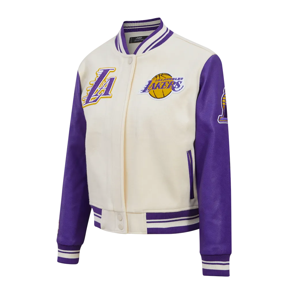 NBA LOS ANGELES LAKERS RETRO CLASSIC WOMEN'S RIB WOOL VARSITY JACKET (EGGSHELL/ PURPLE)