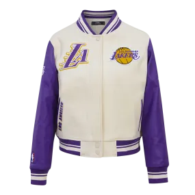 NBA LOS ANGELES LAKERS RETRO CLASSIC WOMEN'S RIB WOOL VARSITY JACKET (EGGSHELL/ PURPLE)