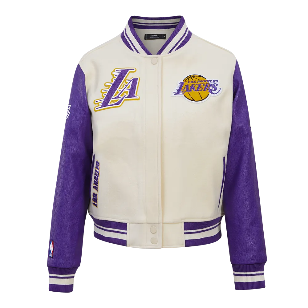 NBA LOS ANGELES LAKERS RETRO CLASSIC WOMEN'S RIB WOOL VARSITY JACKET (EGGSHELL/ PURPLE)