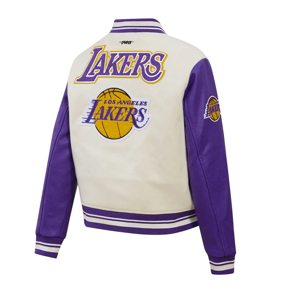 NBA LOS ANGELES LAKERS RETRO CLASSIC WOMEN'S RIB WOOL VARSITY JACKET (EGGSHELL/ PURPLE)