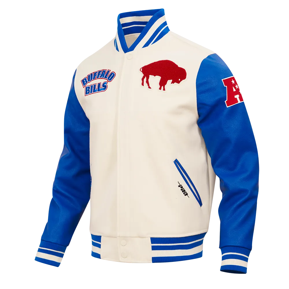 NFL BUFFALO BILLS RETRO CLASSIC MEN'S RIB WOOL VARSITY JACKET (EGGSHELL/ROYAL BLUE)