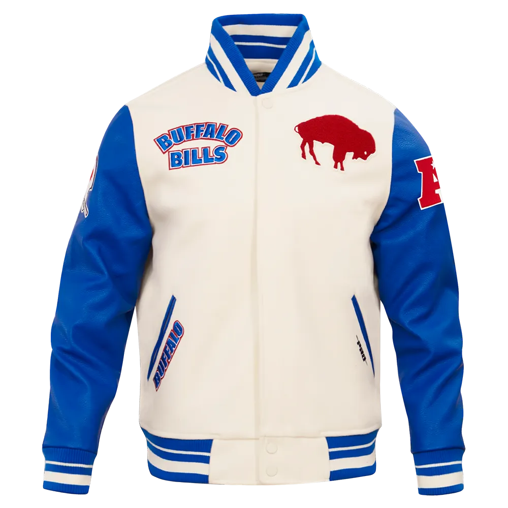 NFL BUFFALO BILLS RETRO CLASSIC MEN'S RIB WOOL VARSITY JACKET (EGGSHELL/ROYAL BLUE)