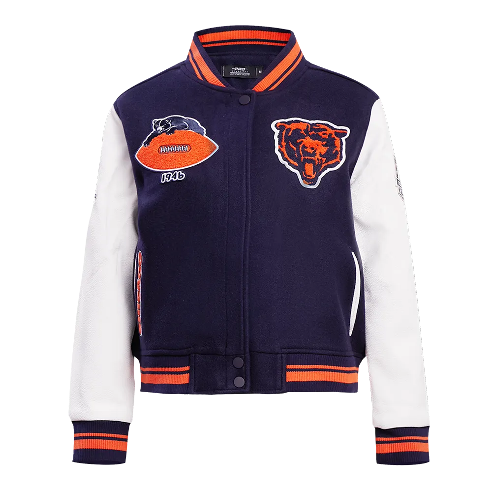 NFL CHICAGO BEARS RETRO CLASSIC WOMEN'S RIB WOOL VARSITY JACKET (MIDNIGHT NAVY/ORANGE/MIDNIGHT NAVY)