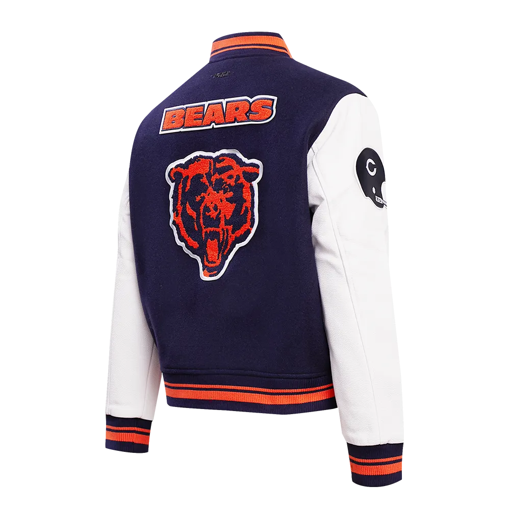 NFL CHICAGO BEARS RETRO CLASSIC WOMEN'S RIB WOOL VARSITY JACKET (MIDNIGHT NAVY/ORANGE/MIDNIGHT NAVY)