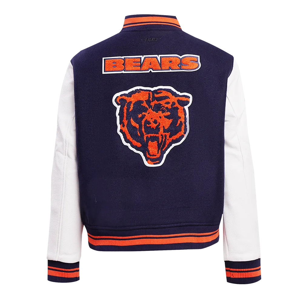 NFL CHICAGO BEARS RETRO CLASSIC WOMEN'S RIB WOOL VARSITY JACKET (MIDNIGHT NAVY/ORANGE/MIDNIGHT NAVY)