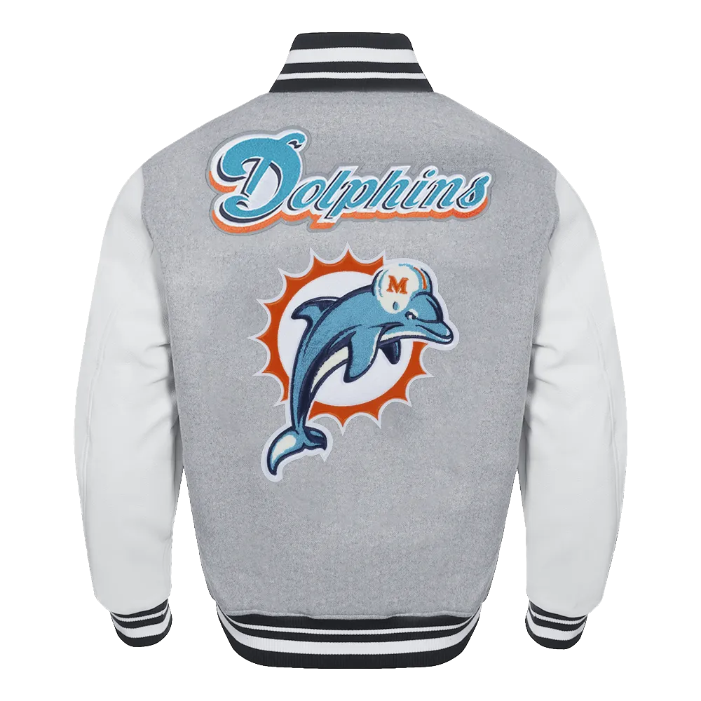 NFL MIAMI DOLPHINS RETRO CLASSIC MEN'S RIB WOOL VARSITY JACKET (HEATHER GREY/WHITE/BLACK)