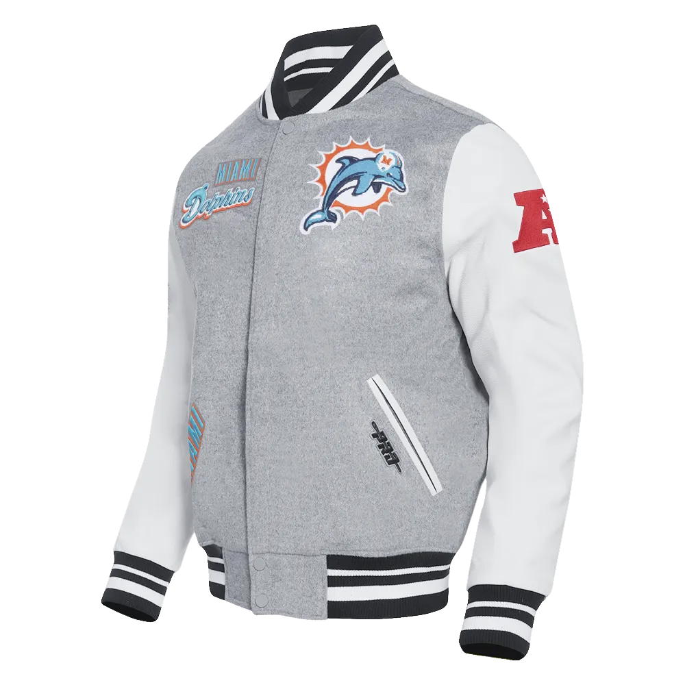 NFL MIAMI DOLPHINS RETRO CLASSIC MEN'S RIB WOOL VARSITY JACKET (HEATHER GREY/WHITE/BLACK)