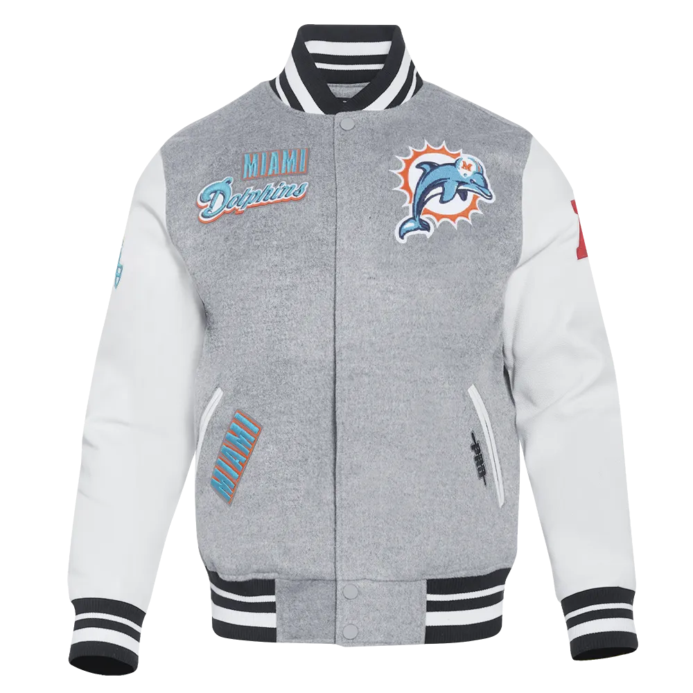 NFL MIAMI DOLPHINS RETRO CLASSIC MEN'S RIB WOOL VARSITY JACKET (HEATHER GREY/WHITE/BLACK)