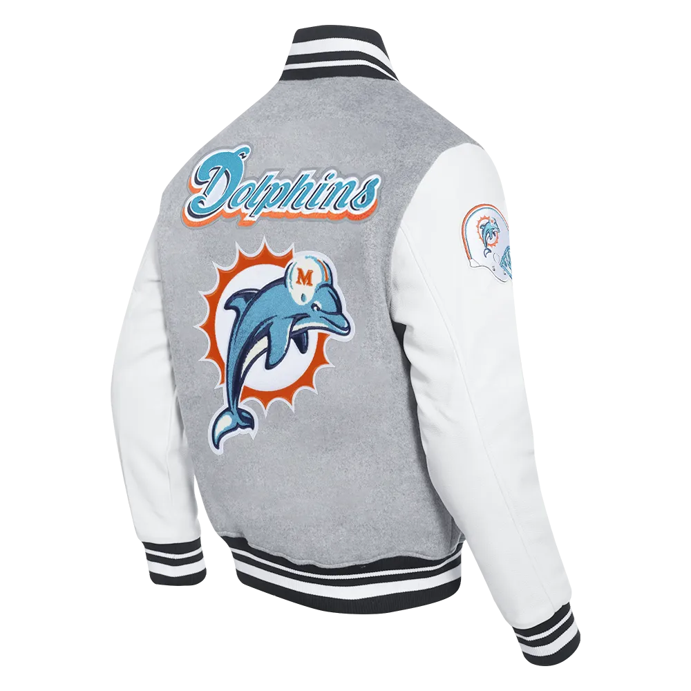 NFL MIAMI DOLPHINS RETRO CLASSIC MEN'S RIB WOOL VARSITY JACKET (HEATHER GREY/WHITE/BLACK)