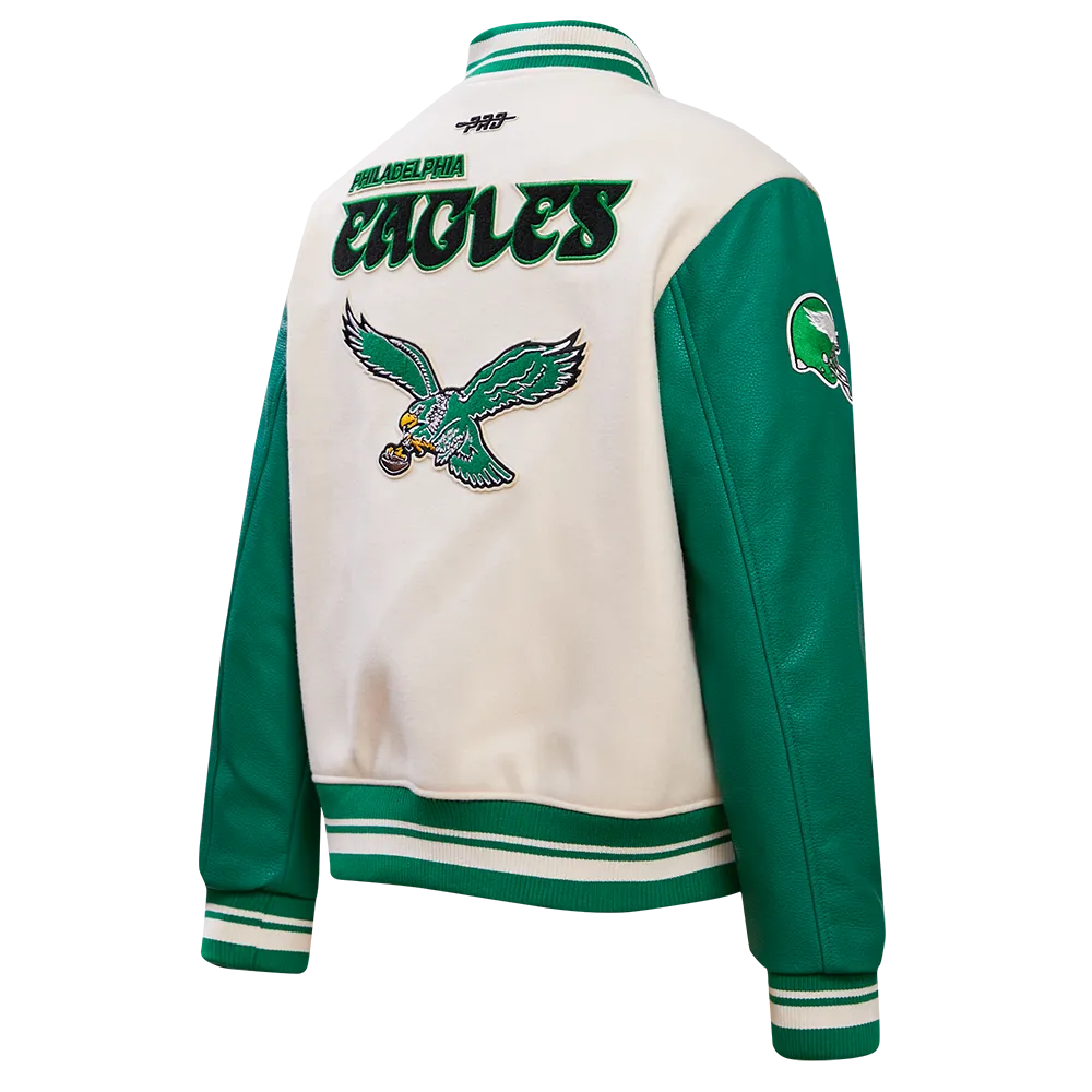 NFL PHILADELPHIA EAGLES RETRO CLASSIC WOMEN'S RIB WOOL VARSITY JACKET (EGGSHELL/ KELLY GREEN)