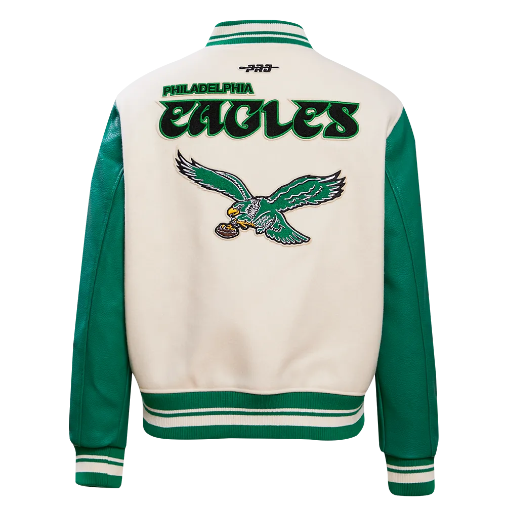 NFL PHILADELPHIA EAGLES RETRO CLASSIC WOMEN'S RIB WOOL VARSITY JACKET (EGGSHELL/ KELLY GREEN)