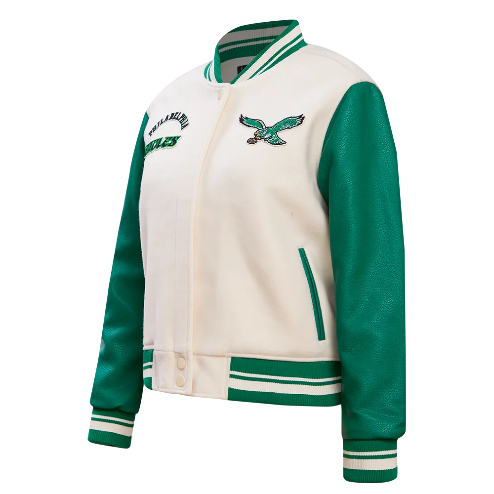 NFL PHILADELPHIA EAGLES RETRO CLASSIC WOMEN'S RIB WOOL VARSITY JACKET (EGGSHELL/ KELLY GREEN)