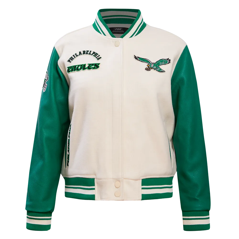 NFL PHILADELPHIA EAGLES RETRO CLASSIC WOMEN'S RIB WOOL VARSITY JACKET (EGGSHELL/ KELLY GREEN)